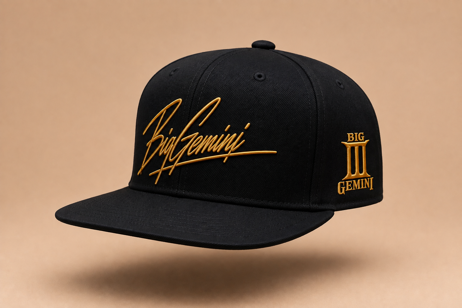 Black snapback hat with gold script logo